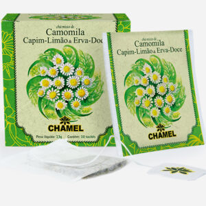 Chá misto de Camomila com Capim Limão e Erva Doce em sachês.