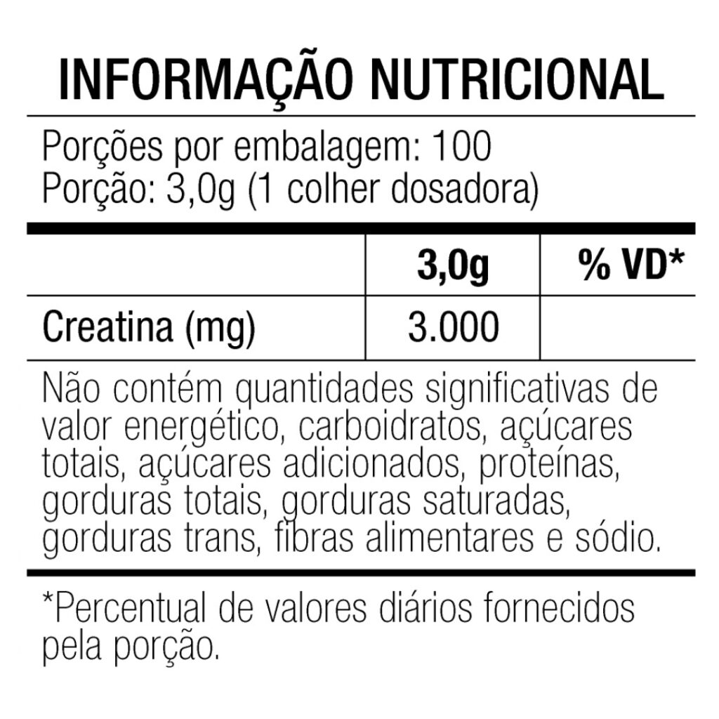 Informação Nutricional Creatina Monohidratada Chamel 100% Pura 300g. Desempenho físico e muscular